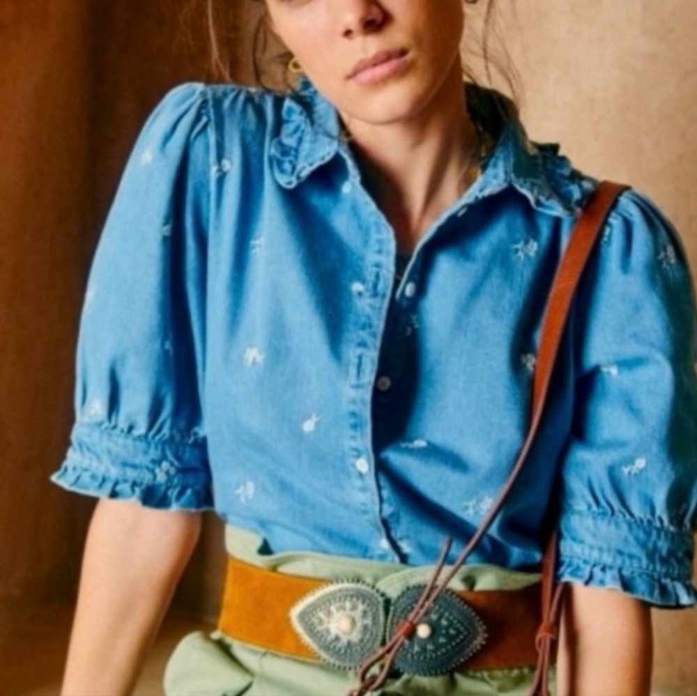 Sezane Light Blue Embroidered Denim Puff Sleeve Shirt